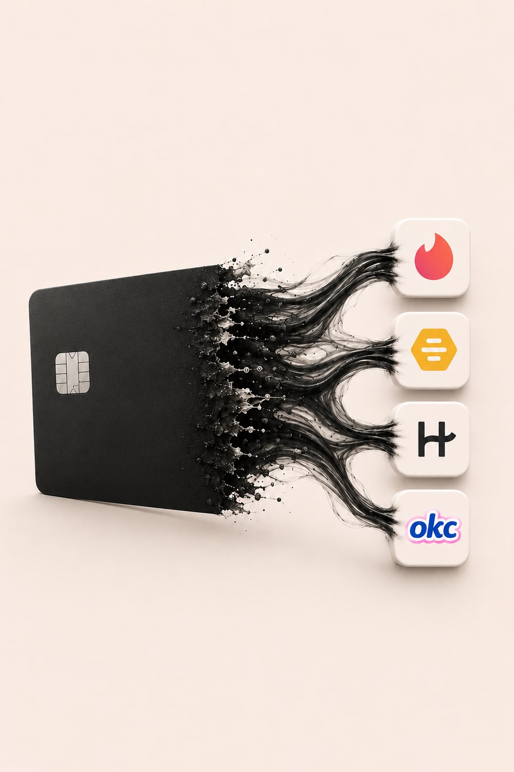 כרטיס אשראי שנשרף לתוך האייקונים של Tinder, Bumble, Hinge ו־OkCupid