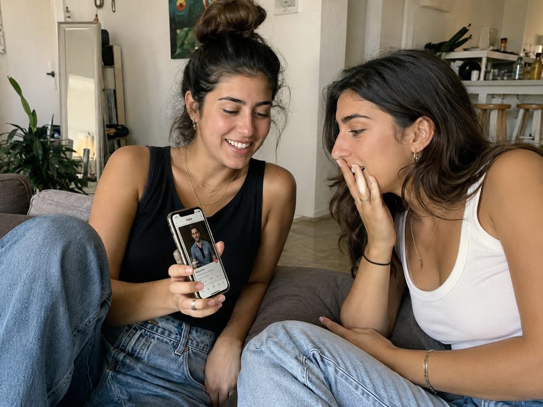 נשים מסתכלות על פרופיל דייטינג בטלפון